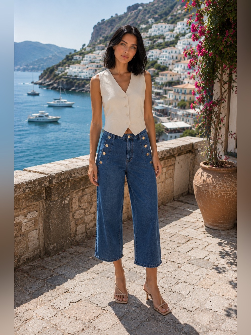 Cropped Wide-Leg Jeans with Button Detail - Blue